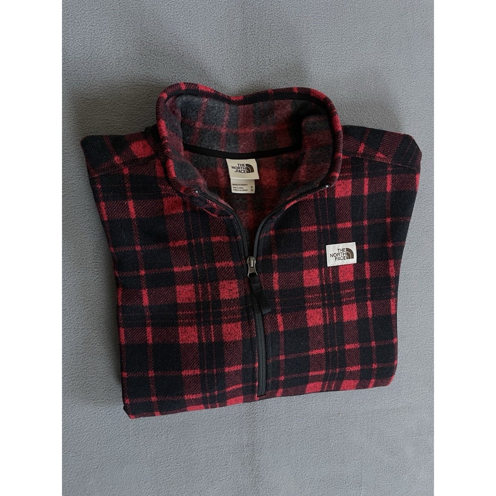 The North Face Men's XL Red Black Buffalo Plaid Fleece Quarter Zip‎ Pullover